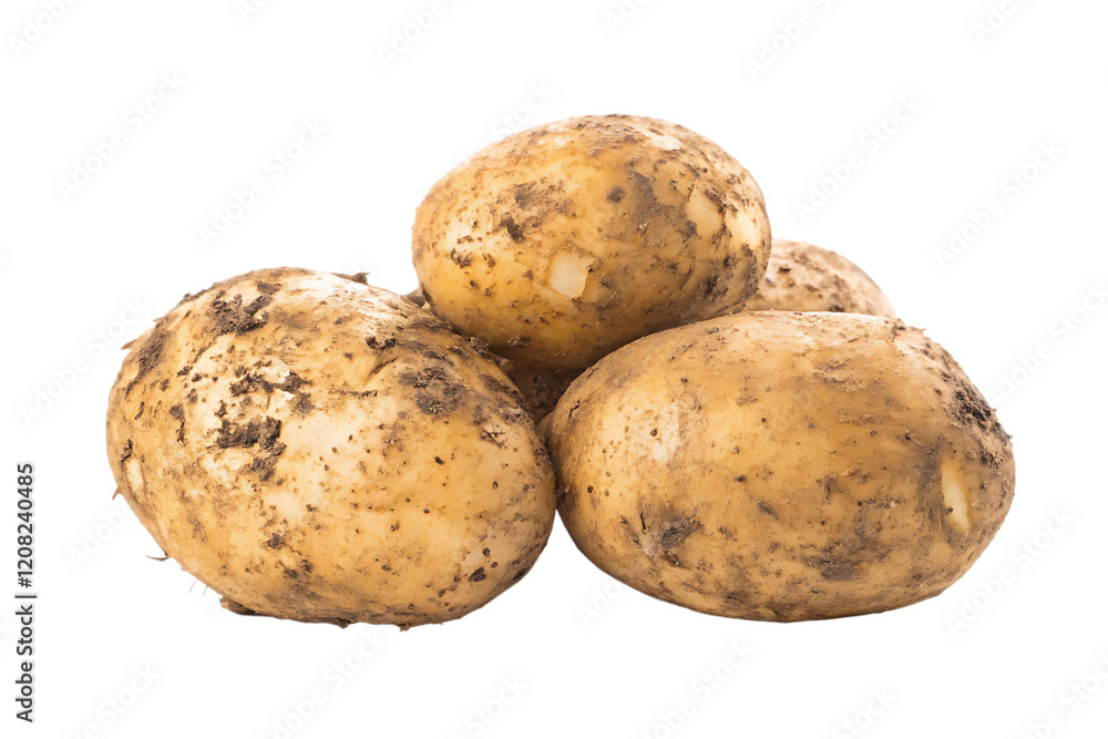 Raw unwashed potatoes with soil isolated on white background PNG.AI GENERATED Raw unwashed potatoes with soil isolated on white background PNG.AI GENERATED