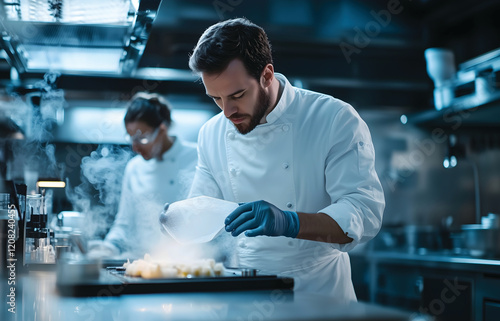 Chef Covering Food with Plastic Sheet in Food Laboratory – Food Safety Preparation photo