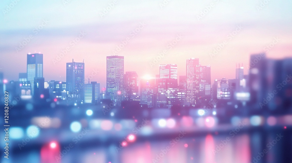 Modern Office Workspace in Blurred Cityscape During Morning Light Modern Office Workspace in Blurred Cityscape During Morning Light