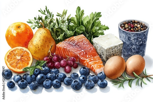 Watercolor Illustration of Five Essential Food Groups for Nutrition