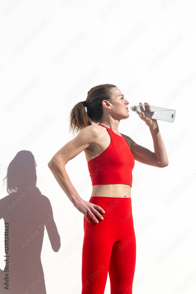 Athletic female drinking water from a bottle standing by a white wall outdoors, Athletic female drinking water from a bottle standing by a white wall outdoors,