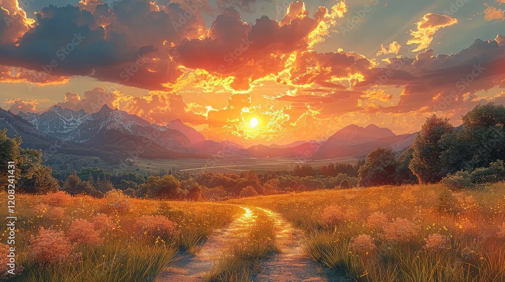 Beautiful sunset over a field with mountains in the background. The sky is filled with clouds and the sun is setting, creating a warm and peaceful atmosphere Beautiful sunset over a field with mountains in the background. The sky is filled with clouds and the sun is setting, creating a warm and peaceful atmosphere