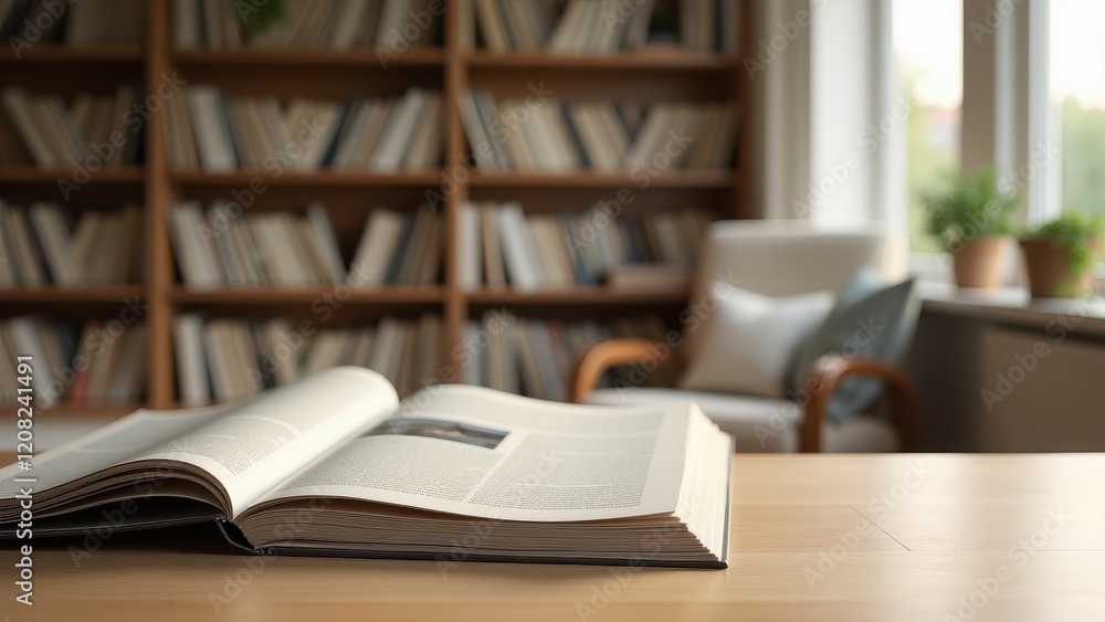 Magazine Spread Mockup, Home library clear bookshelves in background magazine on table in foreground. Photorealistic. Magazine Spread Mockup, Home library clear bookshelves in background magazine on table in foreground. Photorealistic.