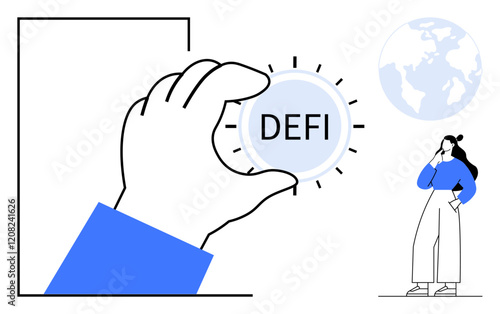 Hand holds a coin labeled DEFI, while a pensive woman stands beside a globe. Ideal for finance, technology, cryptocurrency, investments, global markets, blockchain modern solutions. Abstract line