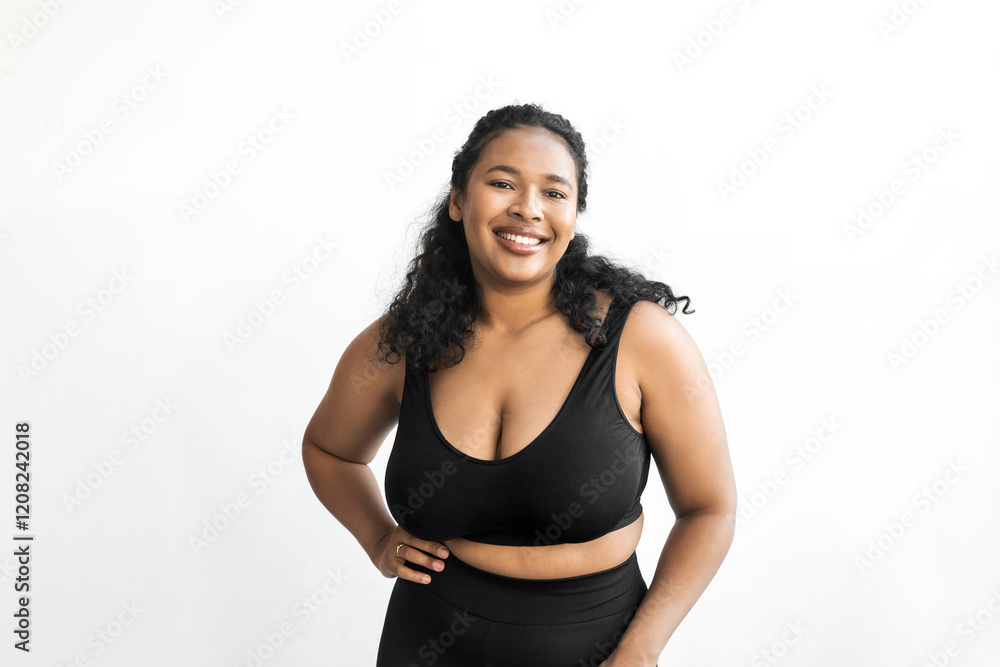 Happy cute plus size female with curly hair in crop top and leggings standing with hand on waist against white studio back ground with copy space for your advertising content exercising to lose weight Happy cute plus size female with curly hair in crop top and leggings standing with hand on waist against white studio back ground with copy space for your advertising content exercising to lose weight