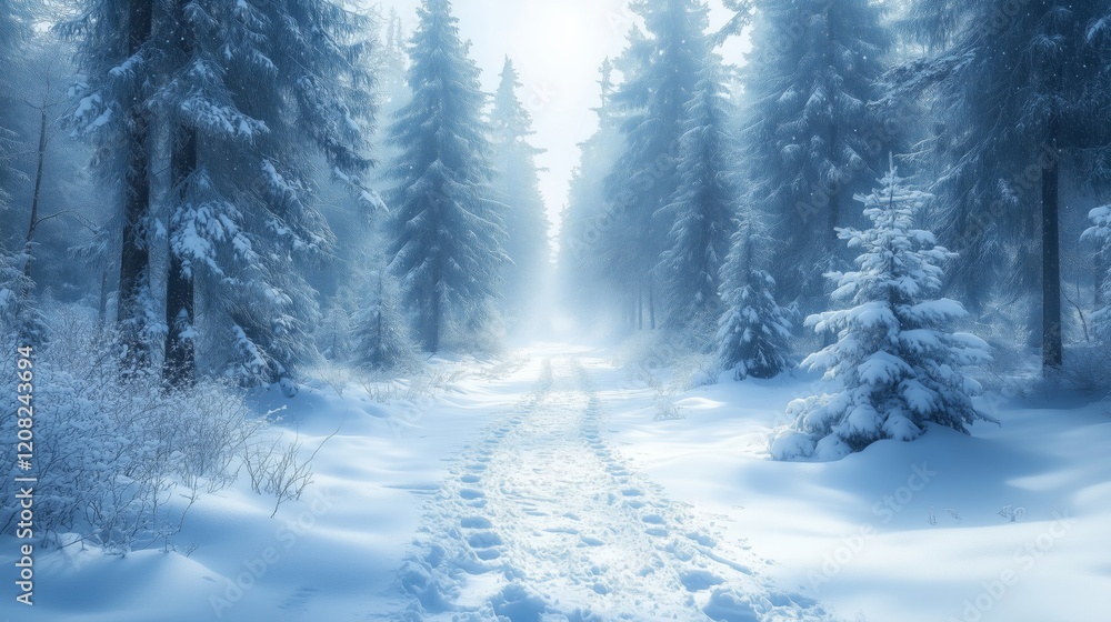 Fototapeta premium Enchanting Snowy Forest Path in a Tranquil Winter Wonderland