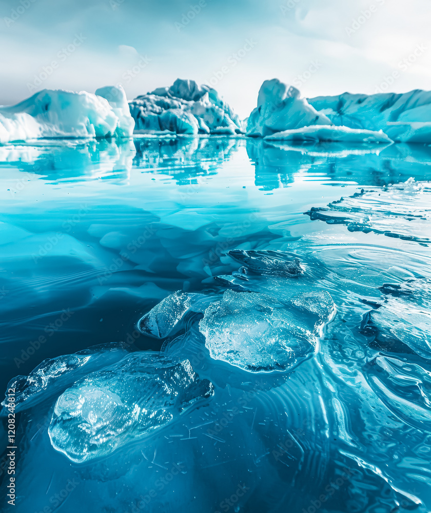 Fototapeta premium Frozen lake with a few ice blocks floating on the surface. The water is calm and the sky is cloudy