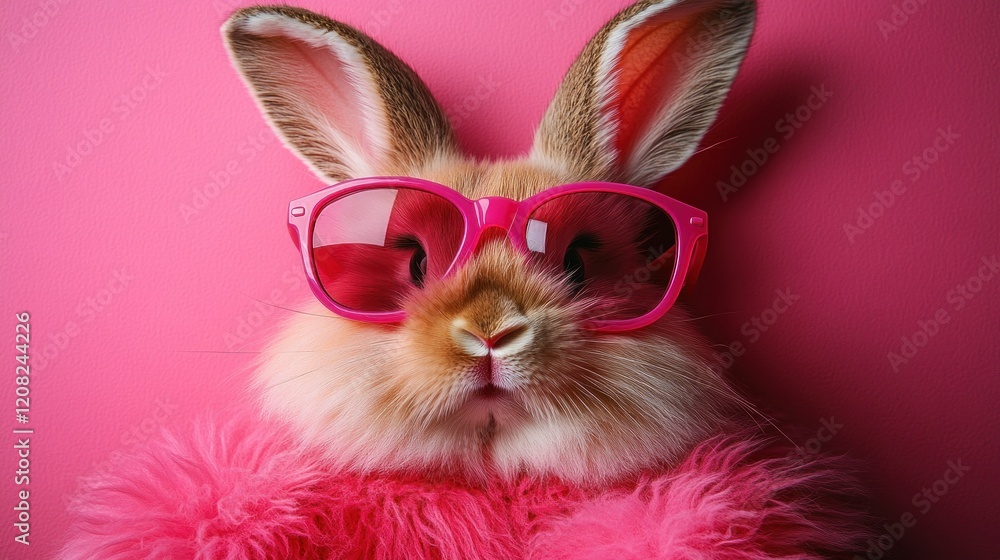 Fototapeta premium A Fashionable Fluffy Bunny in Pink Sunglasses and Fur Coat