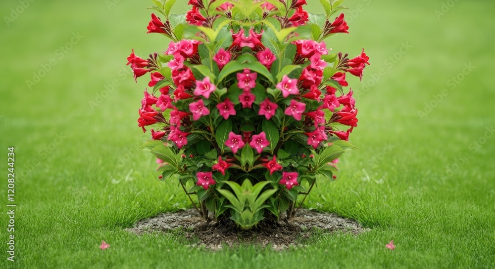 Naklejka premium Vibrant flowering shrub with bright red and pink blooms in lush green garden