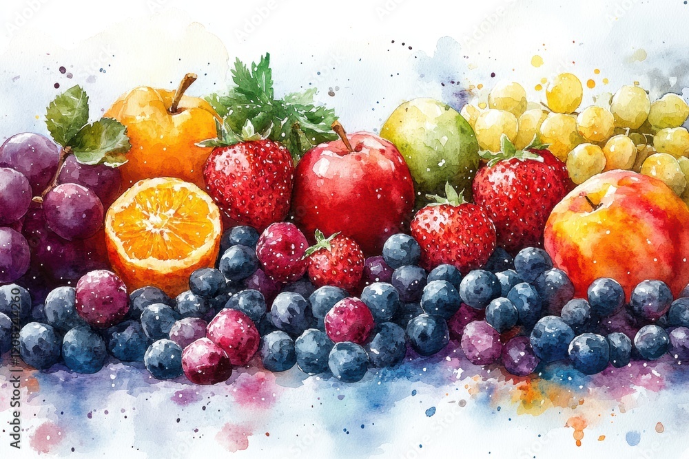 Whimsical Watercolor Spread of Five Fruits on a Bright Background Whimsical Watercolor Spread of Five Fruits on a Bright Background
