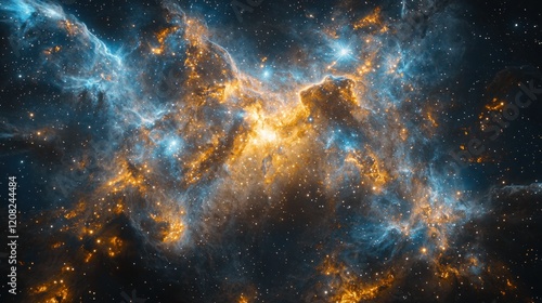 Cosmic nebula; star cluster; vibrant colors; deep space photo