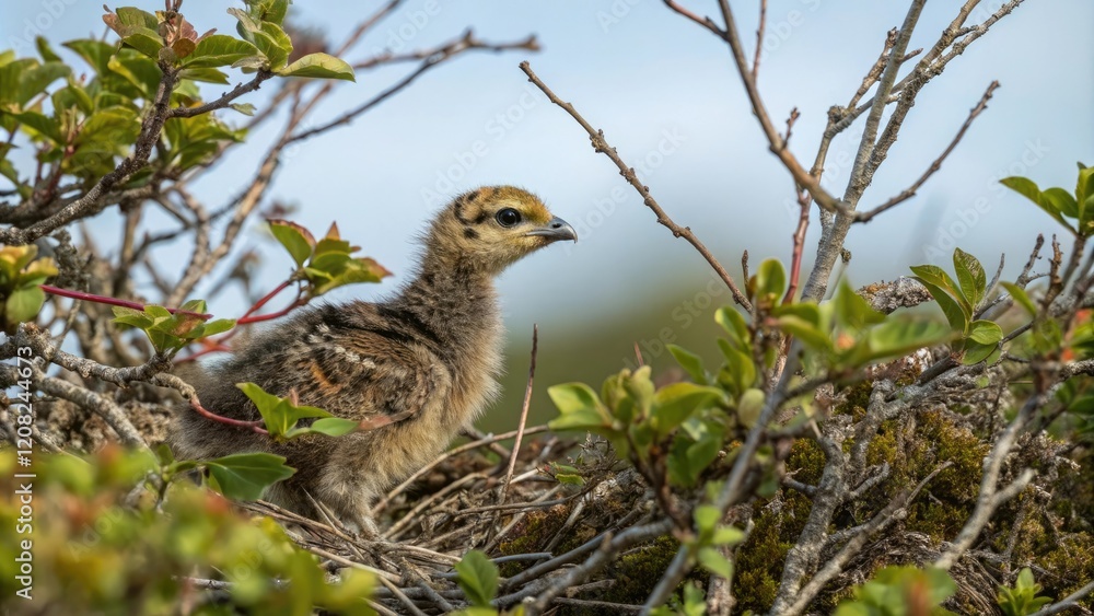 Capercaillie chick in a thicket of bushes with twigs and leaves, bird chick, twig nest, thicket Capercaillie chick in a thicket of bushes with twigs and leaves, bird chick, twig nest, thicket