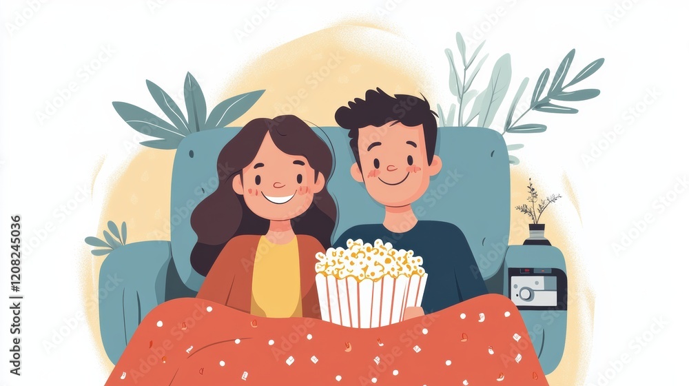 A couple is sitting on a couch and eating popcorn