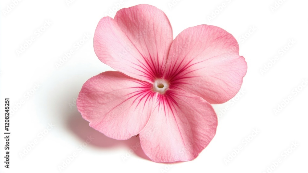 Isolated delicate pink periwinkle flower with prominent veins on white background showcasing nature's beauty and elegance Isolated delicate pink periwinkle flower with prominent veins on white background showcasing nature's beauty and elegance