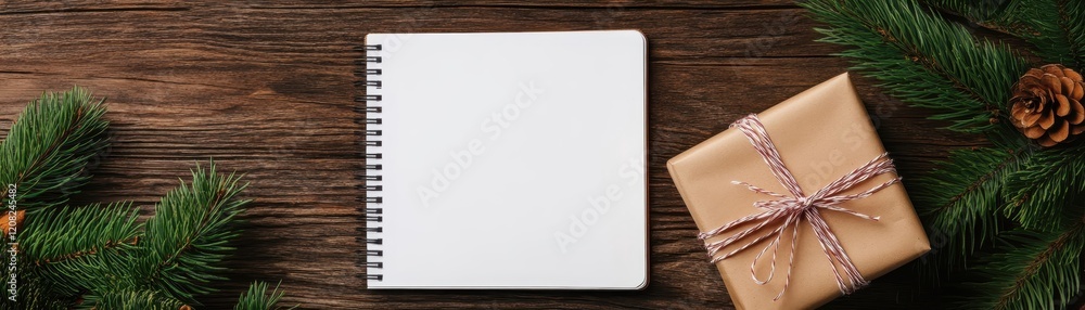 A notebook sits on a wooden table with a gift box next to it A notebook sits on a wooden table with a gift box next to it