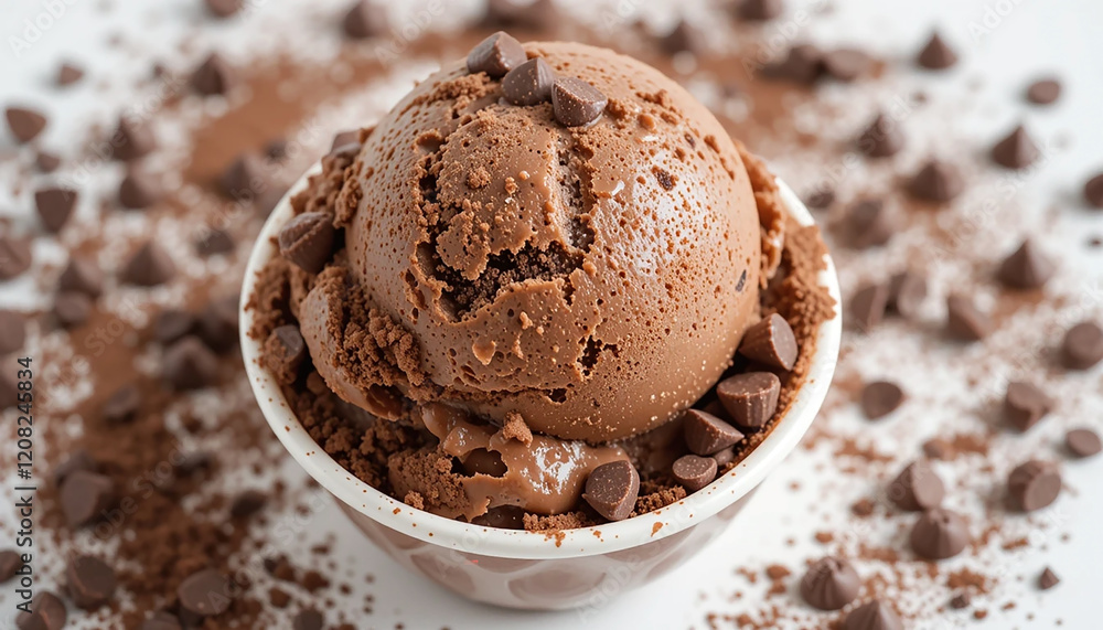 Scoop of chocolate chip icecream in a cup, white background and blank copy space Scoop of chocolate chip icecream in a cup, white background and blank copy space