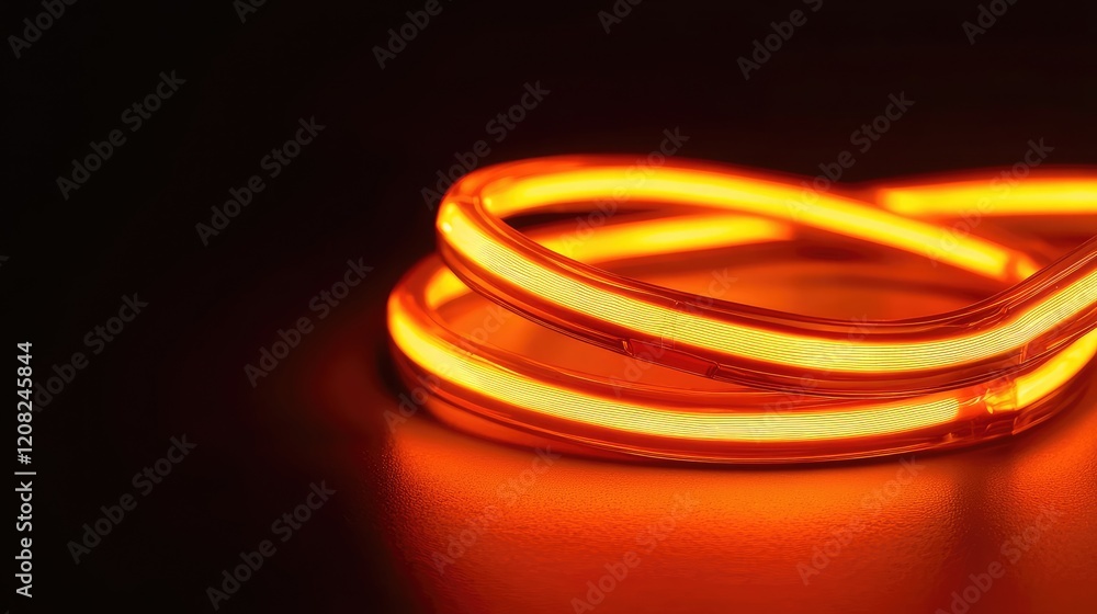 Illuminated Orange Neon Tubing Against Dark Background with Focus on Curved Shapes and Glossy Surface Texture Illuminated Orange Neon Tubing Against Dark Background with Focus on Curved Shapes and Glossy Surface Texture