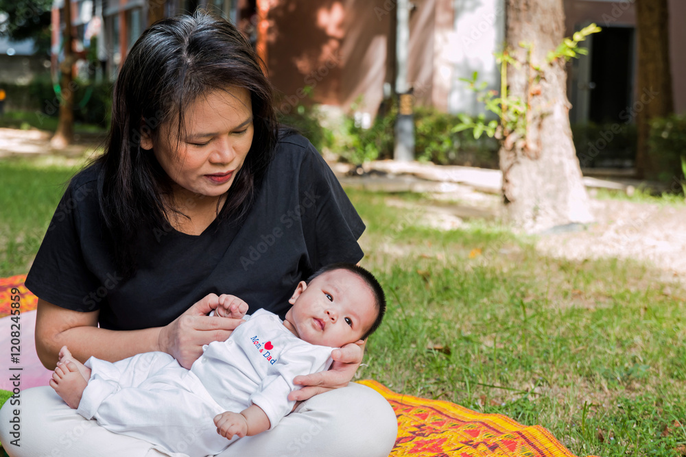 paternal grandmother and granddaughter on grass field paternal grandmother and granddaughter on grass field