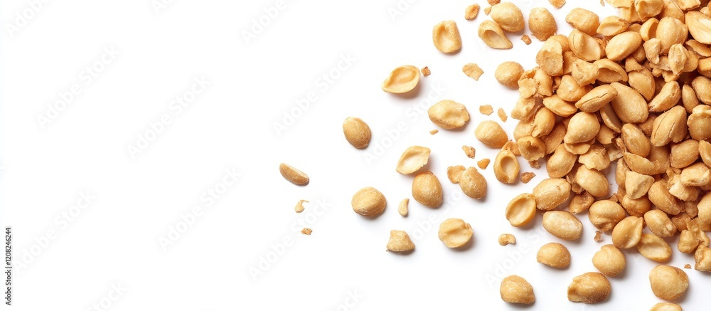 Golden roasted peanut chips scattered on a pristine white background with ample negative space for promotional text or culinary design layouts. Golden roasted peanut chips scattered on a pristine white background with ample negative space for promotional text or culinary design layouts.