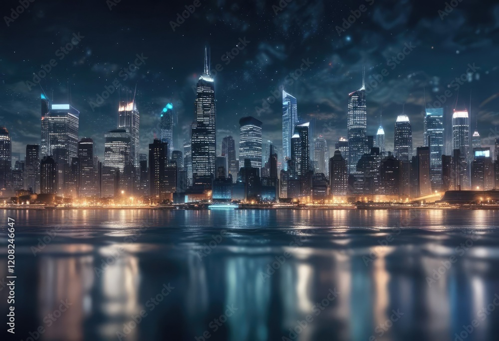 Fototapeta premium City landscape at night with blurred lights creating a swirling abstract bokeh effect on a bright blue background , urban, evening