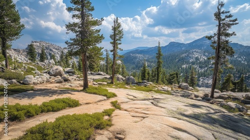 Summer hiking trail with pink granite bedrock and pine trees showcasing scenic mountain landscape and vibrant natural beauty.