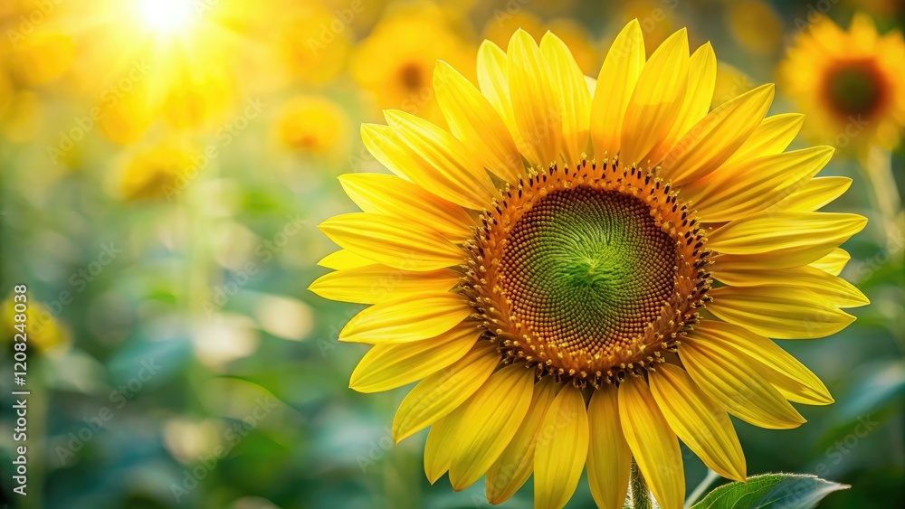 Obraz premium Close-up of a single bright yellow sunflower facing the camera with gentle petals, sunny, blossom, morning