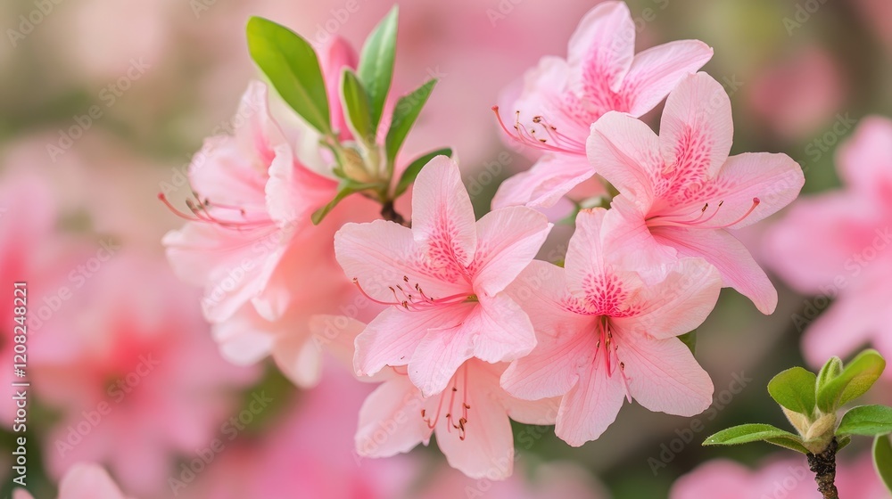 Delicate Pink Peach Azalea Blooms with Lush Green Leaves in a Soft Blurry Background Capturing the Beauty of Spring Flowers Delicate Pink Peach Azalea Blooms with Lush Green Leaves in a Soft Blurry Background Capturing the Beauty of Spring Flowers