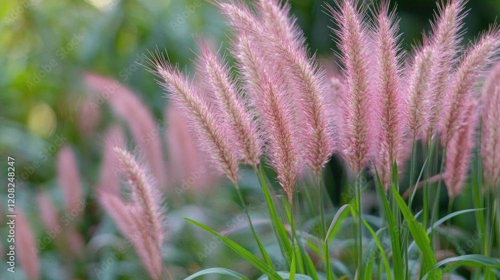 Delicate pink grass flowers swaying gently in the garden during a serene sunset creating a tranquil and beautiful landscape scene Delicate pink grass flowers swaying gently in the garden during a serene sunset creating a tranquil and beautiful landscape scene