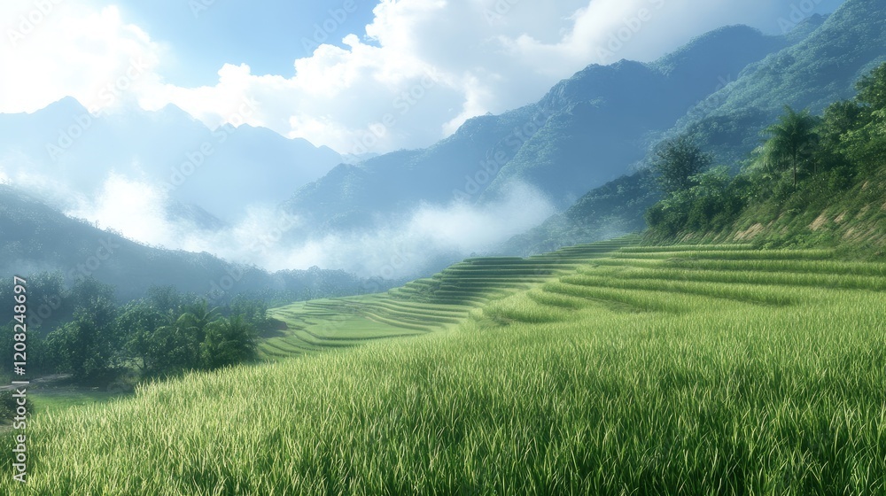 Obraz premium Serene Paddy Fields Nestled in Majestic Mountains Under a Bright Sky with Lush Green Terraces and Misty Landscape