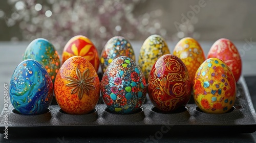 Colorful decorated Easter eggs displayed on a black tray featuring intricate designs with enamel and sequins for festive celebrations.