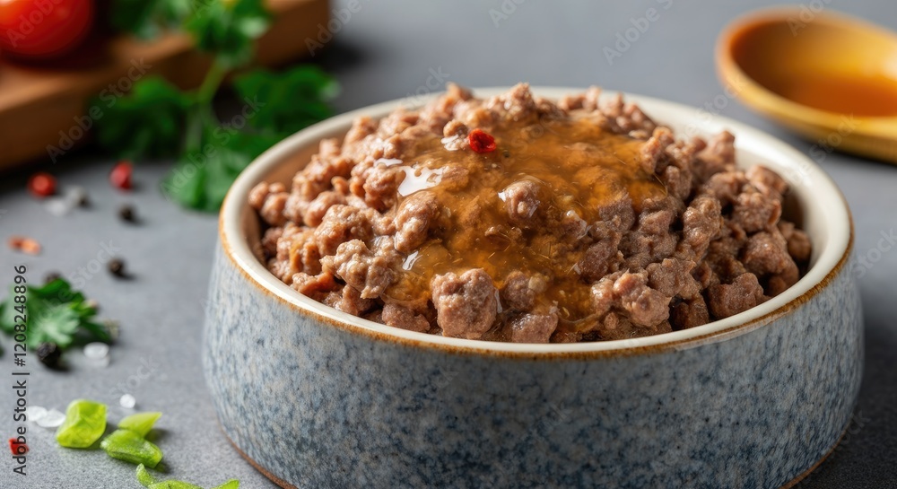 Savory minced meat in bowl, garnished with herbs and spices Savory minced meat in bowl, garnished with herbs and spices