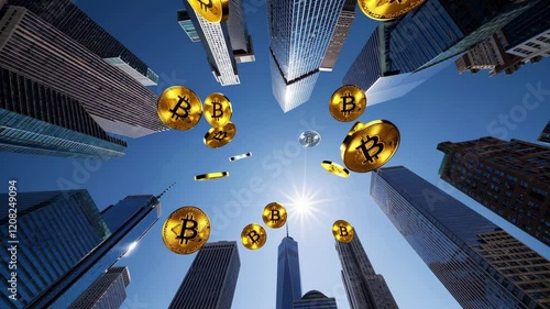 Many gold bitcoin cryptocurrency coins are falling from the sky over the skyscrapers of new york city's financial district, including one world trade center, on a sunny day