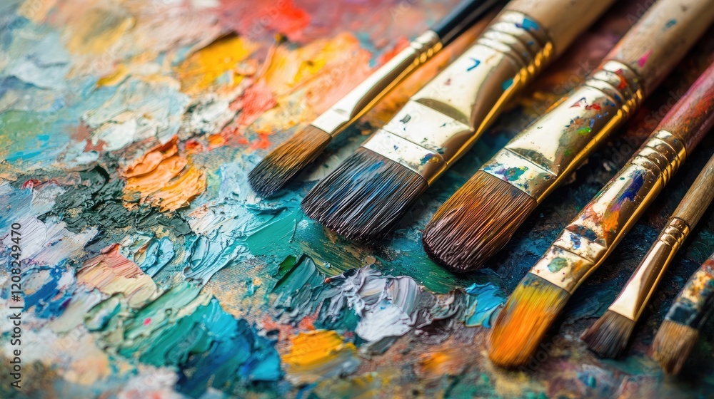 Fototapeta premium Artistic Paint Brushes and Color Palette Close-Up for Creative Expression and Design Inspiration