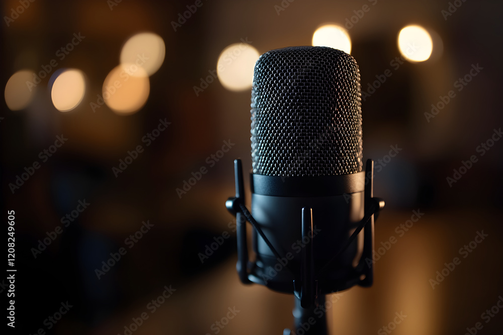 Modern Microphone on Minimalistic Table Under Studio Lights in Professional Audio Setup Modern Microphone on Minimalistic Table Under Studio Lights in Professional Audio Setup
