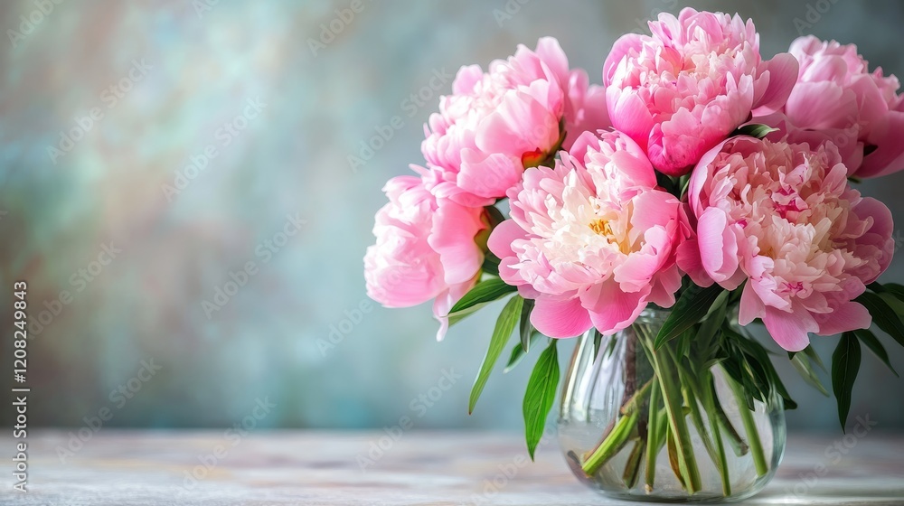 Pink peony bouquet in a glass vase on a rustic table with a blurred pastel background for elegant floral decor and styling. Pink peony bouquet in a glass vase on a rustic table with a blurred pastel background for elegant floral decor and styling.