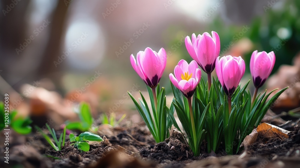 Vibrant pink flowers blooming in the soil of a garden with soft blurred background showcasing the beauty of nature in springtime. Vibrant pink flowers blooming in the soil of a garden with soft blurred background showcasing the beauty of nature in springtime.