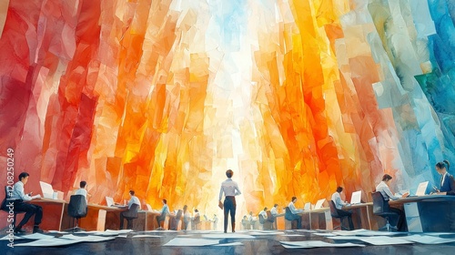 Businessman standing in colorful, abstract office environment, surrounded by coworkers at desks.