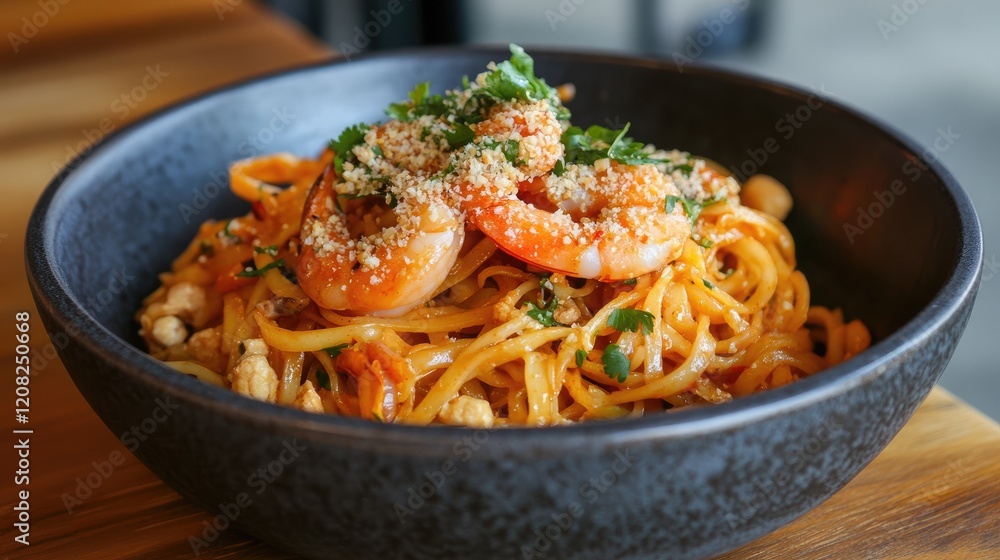Delicious pad thai with shrimp garnished with herbs and crushed peanuts served in a black bowl on a wooden table Delicious pad thai with shrimp garnished with herbs and crushed peanuts served in a black bowl on a wooden table