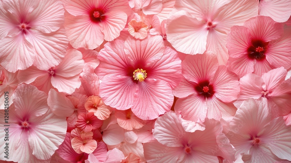 Pink Hibiscus flowers in full bloom creating a vibrant floral background in a lush garden setting. Perfect for botanical themed designs. Pink Hibiscus flowers in full bloom creating a vibrant floral background in a lush garden setting. Perfect for botanical themed designs.