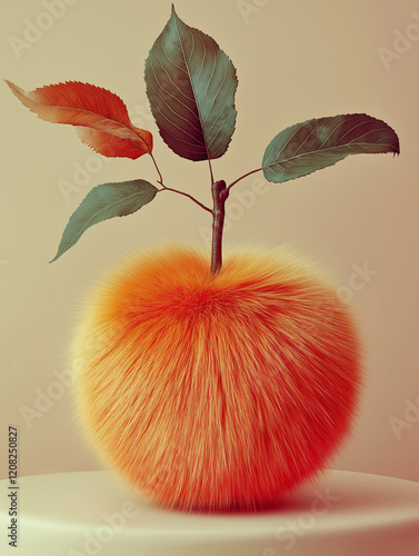 A vibrant orange apple with a fuzzy texture and colorful leaves displayed on a minimal pedestal. A whimsical and artistic concept.