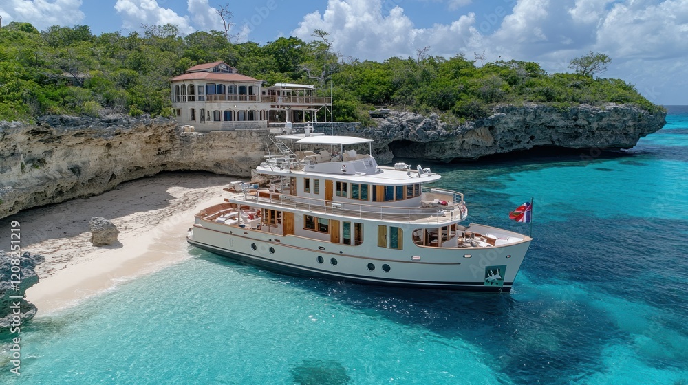 Luxury Yacht Docked at Secluded Tropical Cove Luxury Yacht Docked at Secluded Tropical Cove