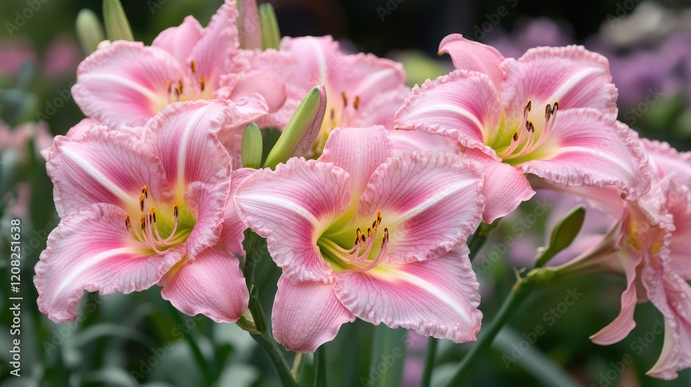 Pink blooming daylilies in a vibrant summer garden showcasing natural beauty and floral elegance Pink blooming daylilies in a vibrant summer garden showcasing natural beauty and floral elegance