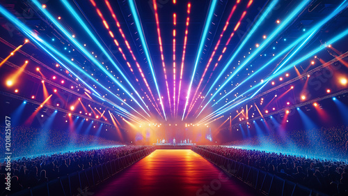 Photograph of a Super Bowl halftime show with vibrant lights, performers on stage, fans in the background