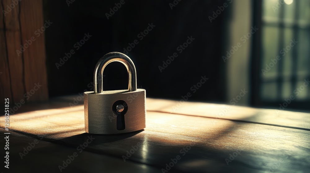 Fototapeta premium Locked padlock on a wooden table with soft lighting creating shadows and highlights symbolizing security and protection