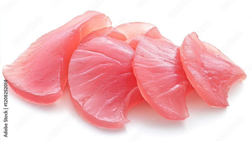 Sliced pink pickled sushi ginger isolated on white depicting vibrant color and texture for culinary and food presentation concepts Sliced pink pickled sushi ginger isolated on white depicting vibrant color and texture for culinary and food presentation concepts