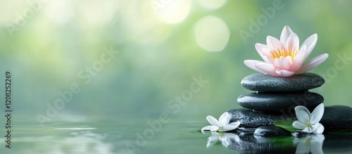 Serene wellness center scene featuring a tranquil woman receiving a soothing massage with vibrant green background and soft pink lotus flower on smooth stones.