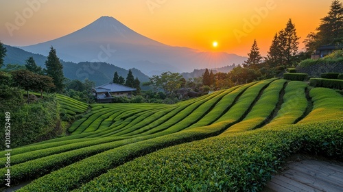 Majestic Mount Fuji Sunrise Over Lush Green Tea Plantation