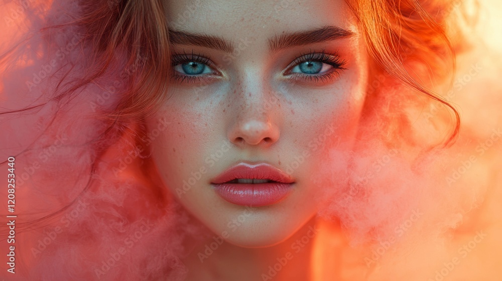 Close-up portrait of a woman with red and peach hues Close-up portrait of a woman with red and peach hues