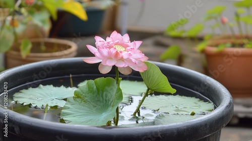 Beautiful pink lotus flower blooming in water tub surrounded by lush green leaves and tranquil garden background. photo