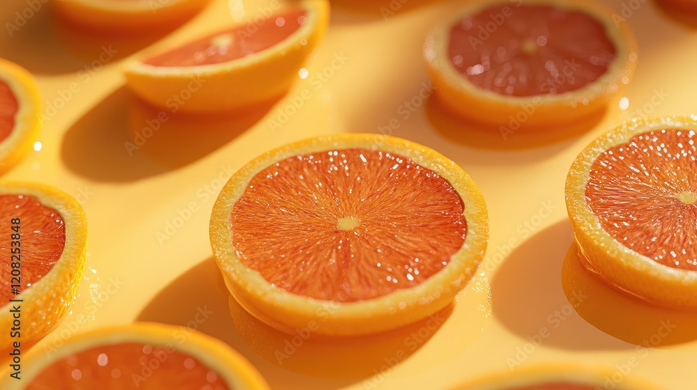 Freshly sliced oranges arranged on a vibrant yellow background with droplets of orange juice reflecting light, overhead view, high resolution. Freshly sliced oranges arranged on a vibrant yellow background with droplets of orange juice reflecting light, overhead view, high resolution.